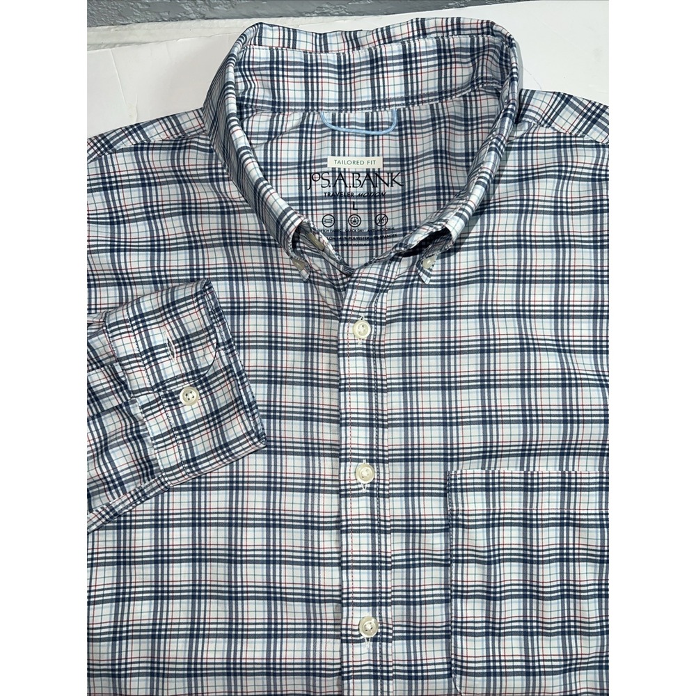 Jos A Bank Men's Tailored Fit Traveler Blue Pink Check Long Sleeve Dress Shirt L